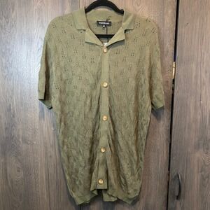 Windward Mens Olive Green Crochet Knit Button Down Polo Shirt Short Sleeve Sz M